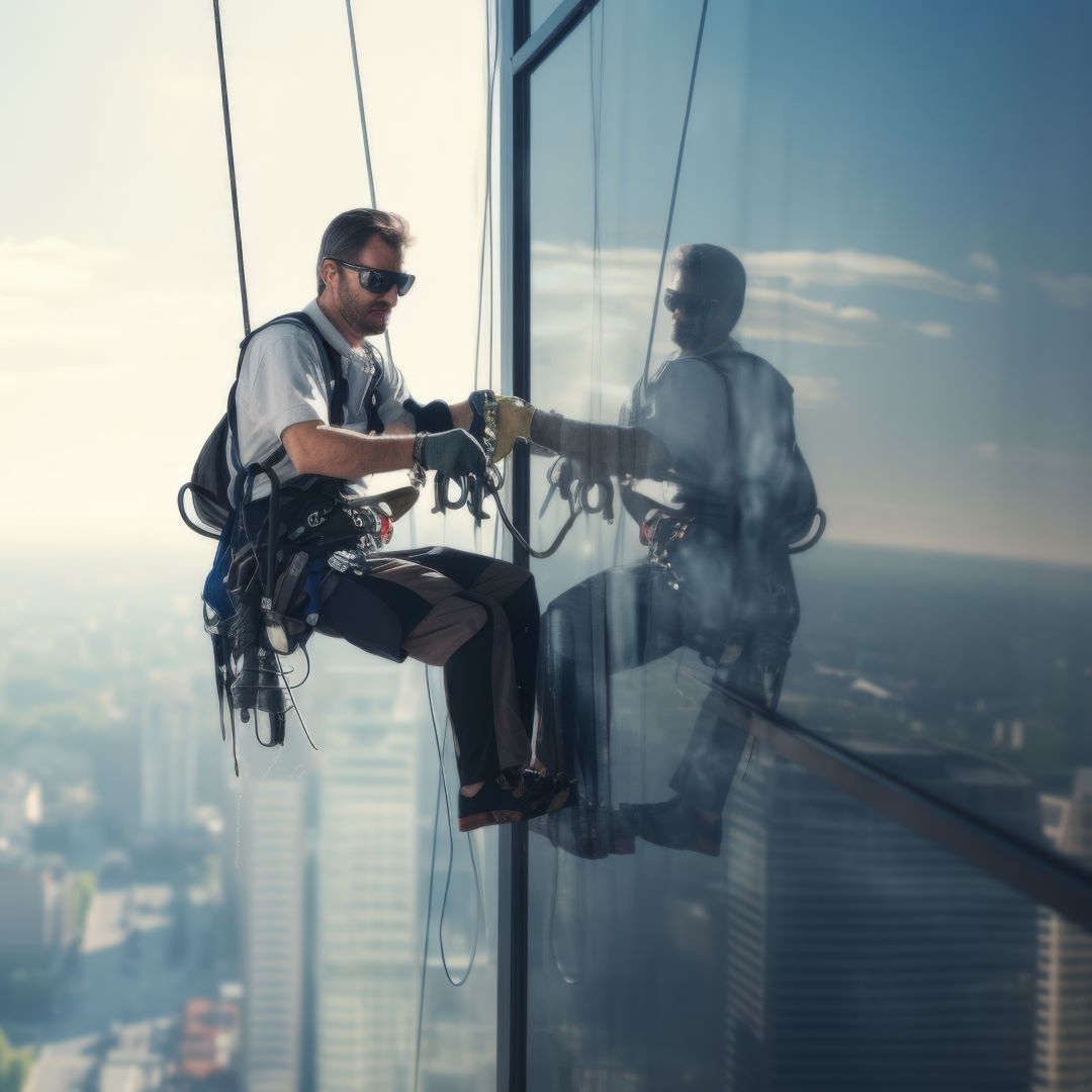 Uomo al lavoro su piattaforma sospesa